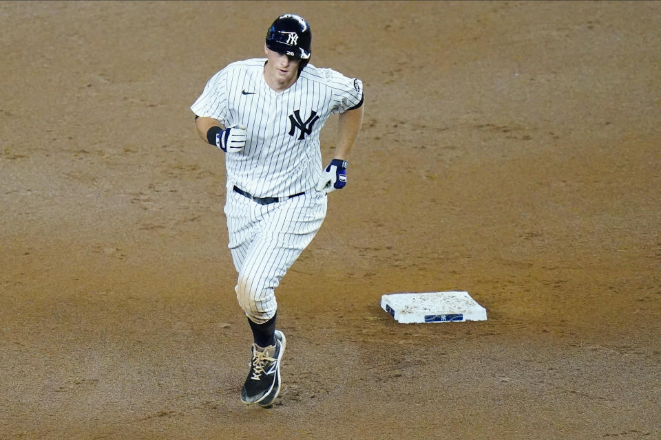 New York Yankees' DJ LeMahieu runs the bases after hitting a two-run home run during the fourth inning of a baseball game against the Toronto Blue Jays Wednesday, Sept. 16, 2020, in New York. (AP Photo/Frank Franklin II)