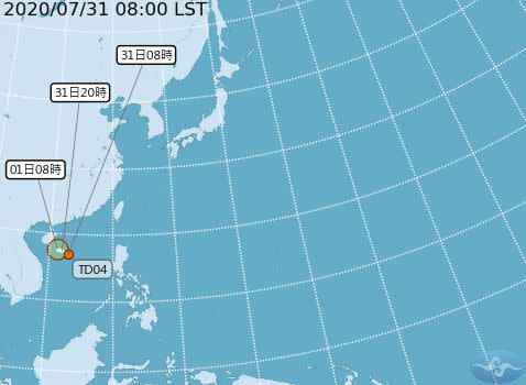 ▲今（ 31 ）日上午 8 時南海有一熱帶性低氣壓形成，最快今、明兩日就有機會生成今年第 3 號颱風辛樂克。（圖／氣象局）