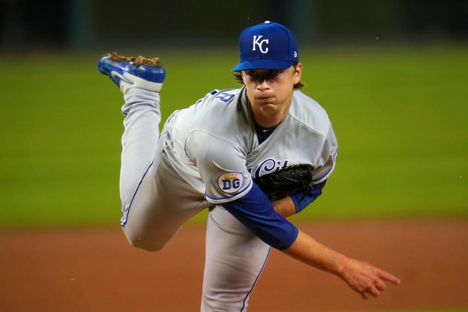 Kansas City Royals pitcher Brady Singer throws against the Detroit Tigers in the fifth inning in Detroit, Wednesday, Sept. 16, 2020.