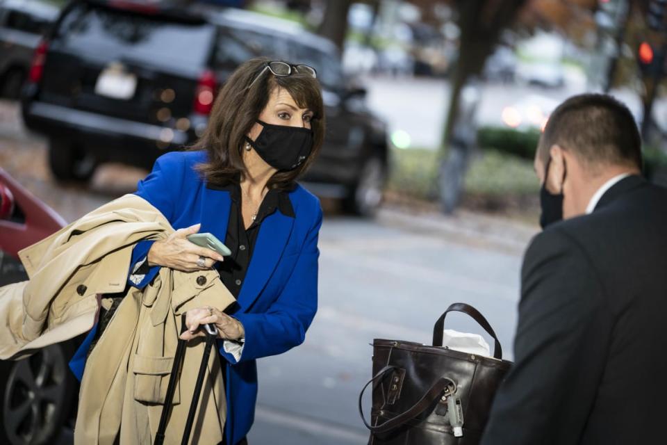 <div class="inline-image__caption"><p>Marie Newman (D-IL) arrives at the Hyatt Regency hotel on Capitol Hill on November 12, 2020.</p></div> <div class="inline-image__credit">Sarah Silbiger/Getty</div>
