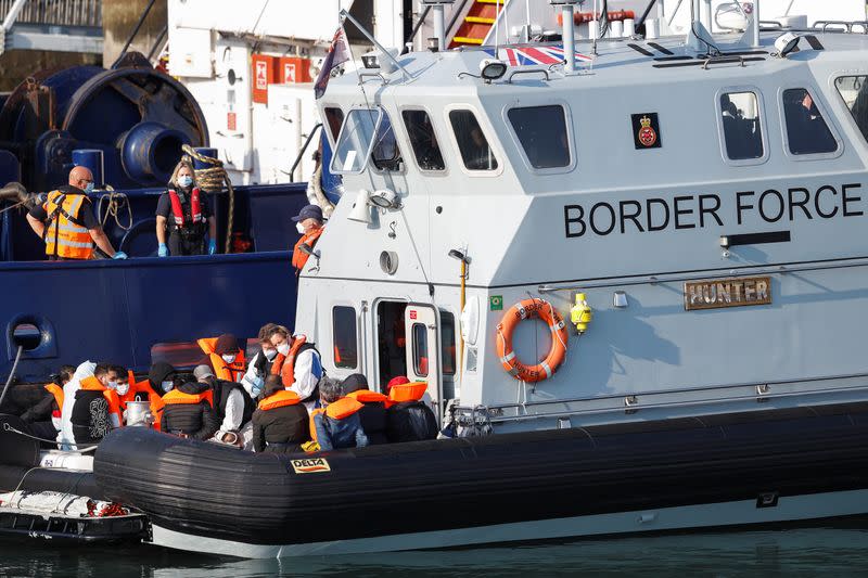 A Border Force boat carrying migrants arrives at Dover harbour, in Dover