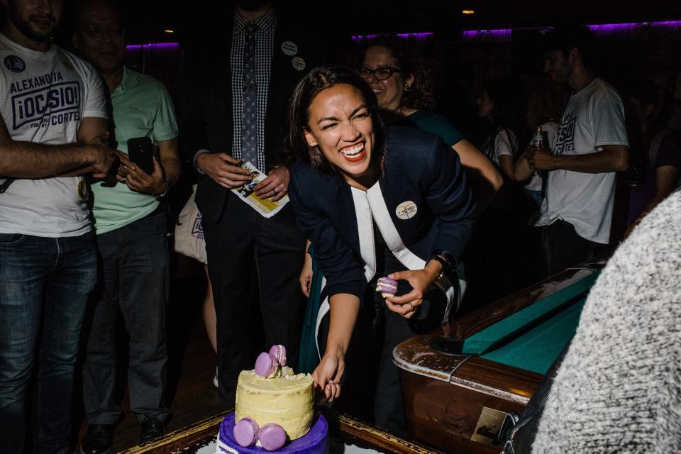 Ocasio-Cortez celebrating her primary win.