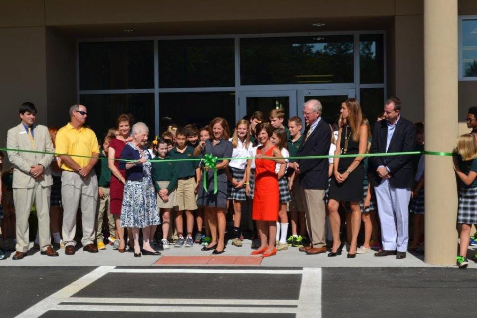 From left to right is Patton Duggas with Coastal Bank, Brent McCullough with Weimar Construction, Mrs. Brenda Brown, Vice Principal, Mrs. Doris Bell, former Head of School, Carol Dusek, Board of Directors Chair, Francine Wright, Head of School, Howard Crawford, Middle School Director and Becky and Andy Lynch, Lynch Architects