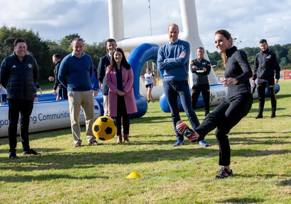 The Duke and Duchess of Cambridge during a visit to the City of Derry rugby club in Londonderry, to participate in a sports initiative bringing football, rugby and GAA playing children, together. Picture date: Wednesday September 29, 2021.