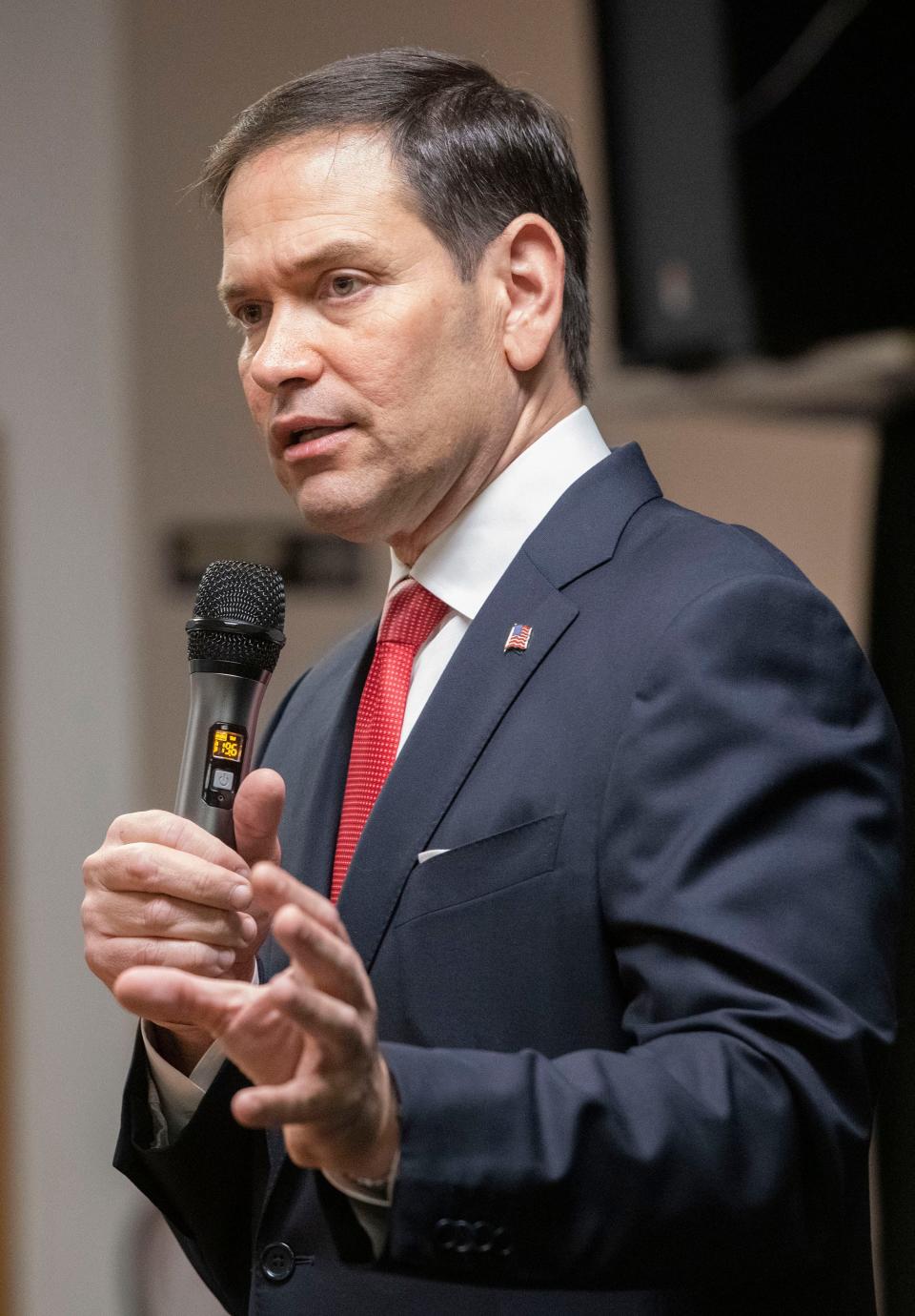 U.S. Sen. Marco Rubio, shown in Pensacola in April, has rallied law-enforcement support against his Democratic opponent, Val Demings, and is attempting to link her with unpopular President Joe Biden.