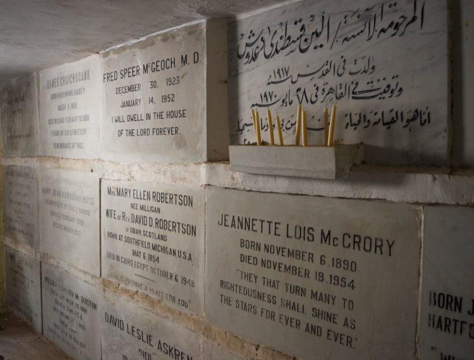 Headstones are seen inside a crypt in the American Cemetery in Old Cairo. / Credit: CBS News/Ahmad Shawkat