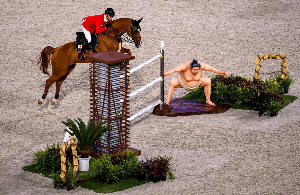 <p>Tokyo , Japan - 4 August 2021; Daisuke Fukushima of Japan riding Chayon during the jumping individual final at the Equestrian Park during the 2020 Tokyo Summer Olympic Games in Tokyo, Japan. (Photo By Stephen McCarthy/Sportsfile via Getty Images)</p> 