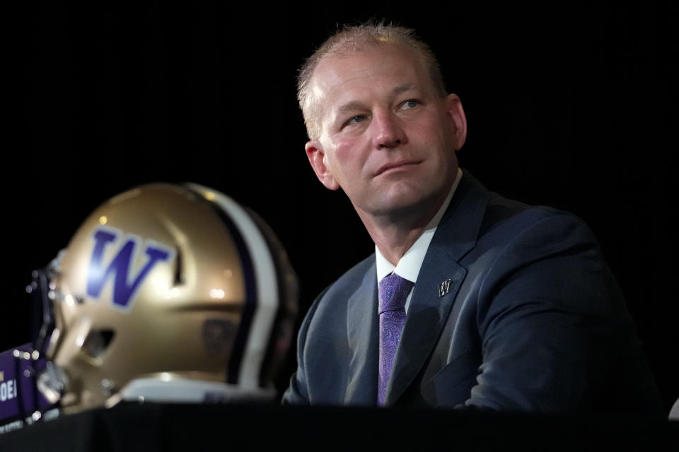 Washington head coach Kalen DeBoer speaks during a news conference ahead of the national championship NCAA College Football Playoff game between Washington and Michigan Sunday, Jan. 7, 2024, in Houston. The game will be played Monday. (AP Photo/Godofredo A. Vasquez)