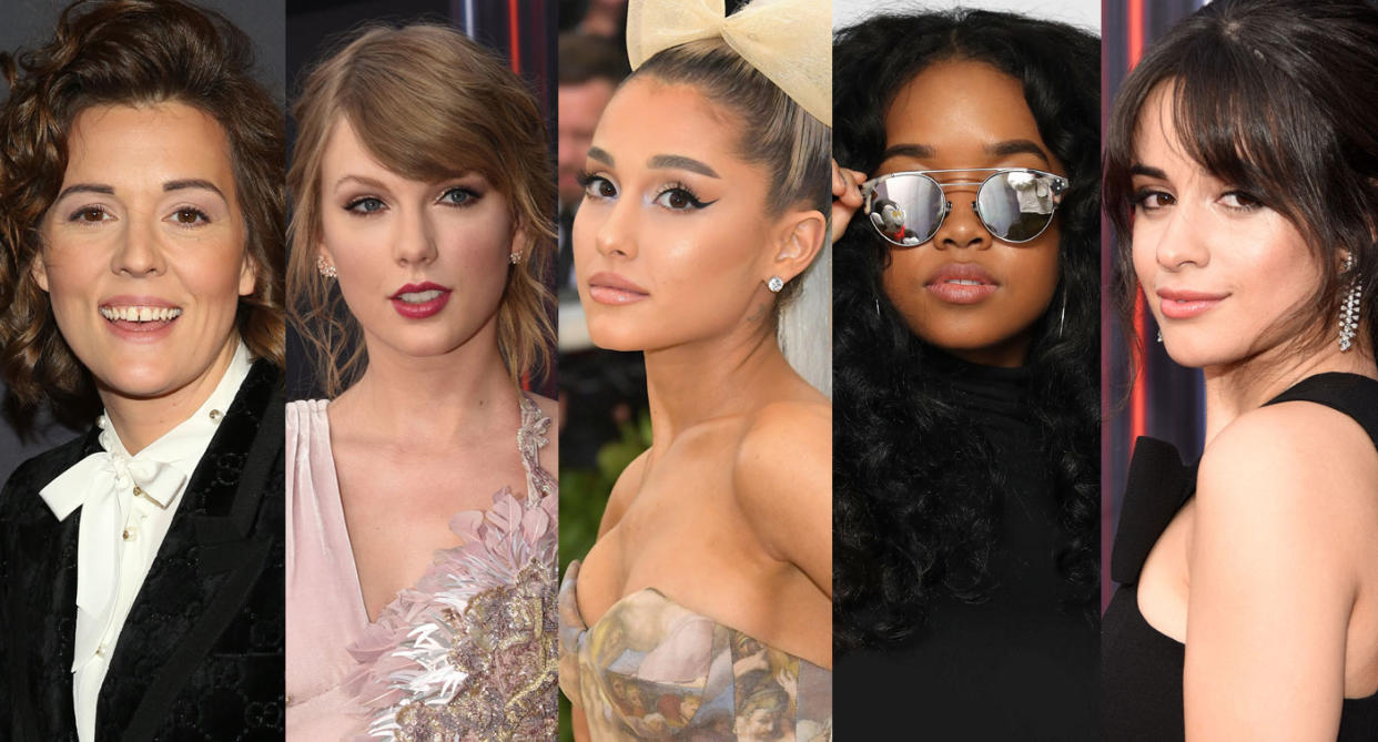 From left: Brandi Carlile, Taylor Swift, Ariana Grande, H.E.R. and Camila Cabello are among this year’s surprising Grammy nominees — and surprising shutouts. (Photos: Getty Images)