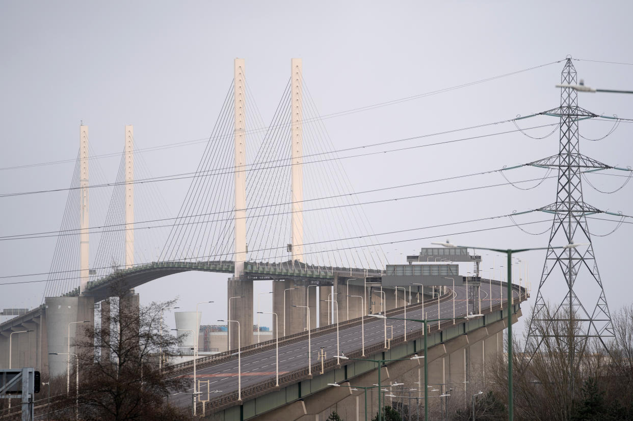 Empty lanes on the Queen Elizabeth II bridge at the Dartford Crossing in Kent, which has been closed to all vehicles as Storm Eunice sweeps across the UK after hitting the south coast earlier on Friday. Picture date: Friday February 18, 2022. (Photo by Joe Giddens/PA Images via Getty Images)