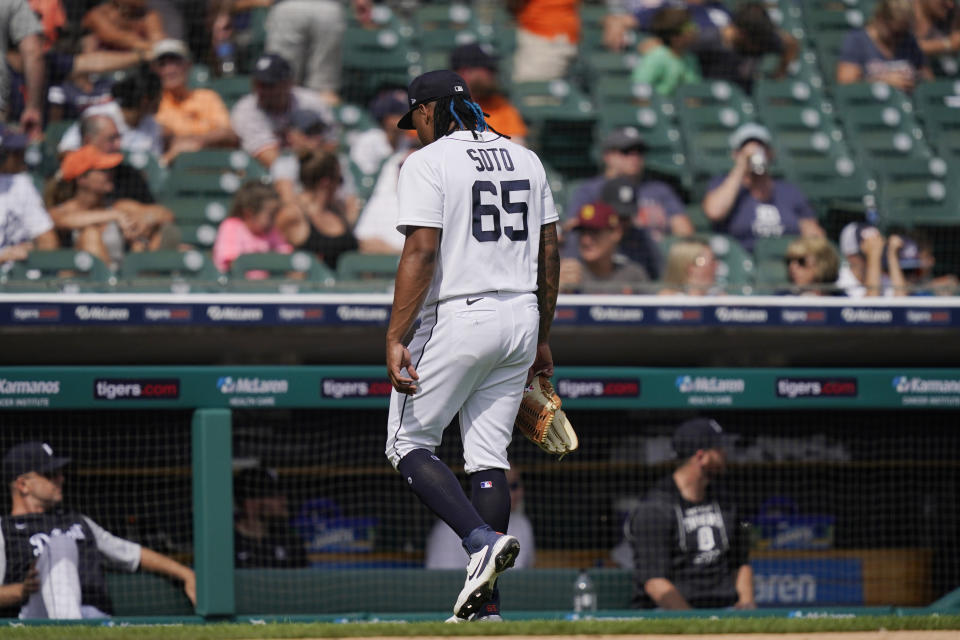 Detroit Tigers relief pitcher Gregory Soto walks off the field after being relieved during the ninth inning of a baseball game against the Tampa Bay Rays, Sunday, Aug. 7, 2022, in Detroit. (AP Photo/Carlos Osorio)