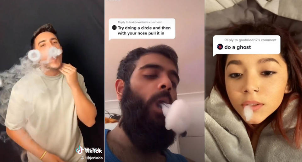 Screenshots of three videos from TikTok of people forming shapes using the vapour from a vape. 