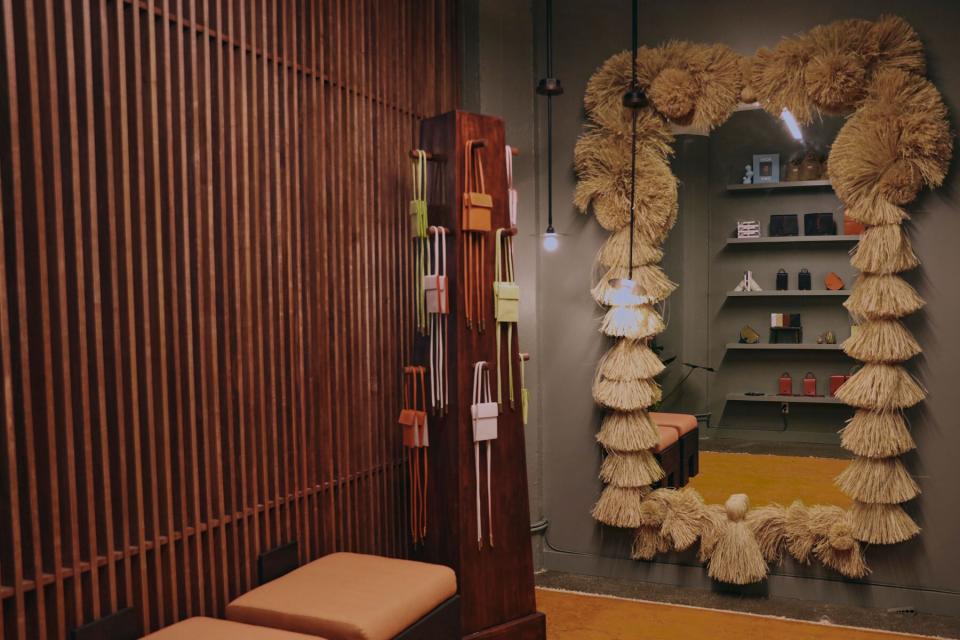 Interior of store with raffia mirror