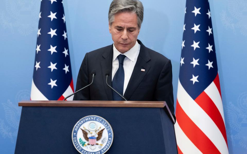 Antony Blinken speaks during a press conference in Tel Aviv