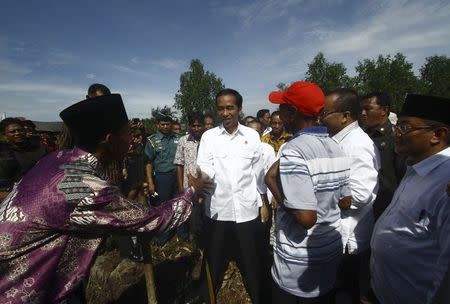 Indonesian President Joko Widodo (C) greets sago farmers during his visit to Sungai Tohor in Meranti Island, Riau Province, Sumatra, November 27, 2014 in this photo taken by Antara Foto. REUTERS/Antara Foto/Joko Sulistyo