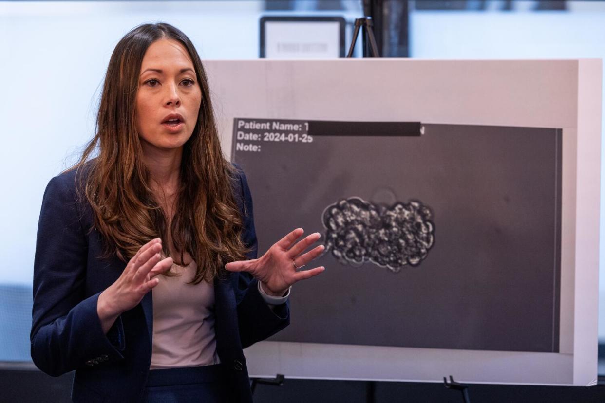 A woman speaks as an image is displayed on a screen.