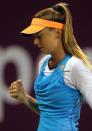 Daniela Hantuchova of Slovakia reacts after winning a point during her match against Ana Ivanovic of Serbia during the second day of the WTA Qatar Ladies Open in Doha, Qatar, Tuesday Feb. 11, 2014. (AP Photo/Osama Faisal)