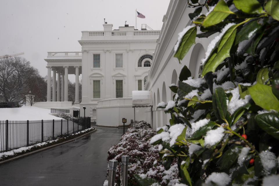 Snow covers the ground at the White House, Tuesday, Feb. 2, 2021, in Washington. (AP Photo/Evan Vucci)
