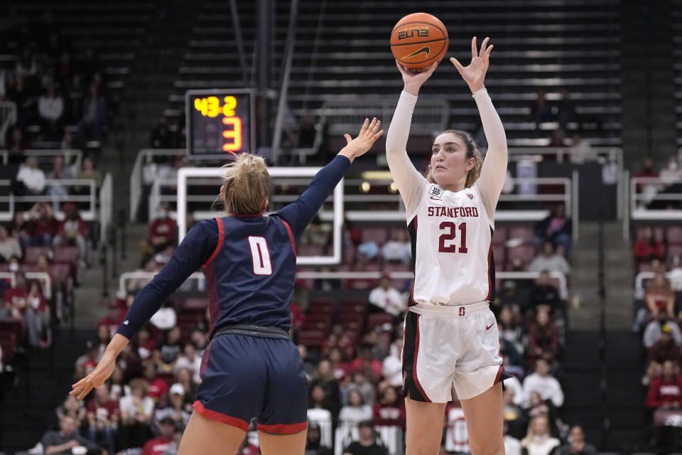 Stanford forward Brooke Demetre (21) takes a 3-point shot over Gonzaga guard Esther Little (0) during the second half of an NCAA college basketball game in Stanford, Calif., Sunday, Dec. 4, 2022. (AP Photo/Tony Avelar)