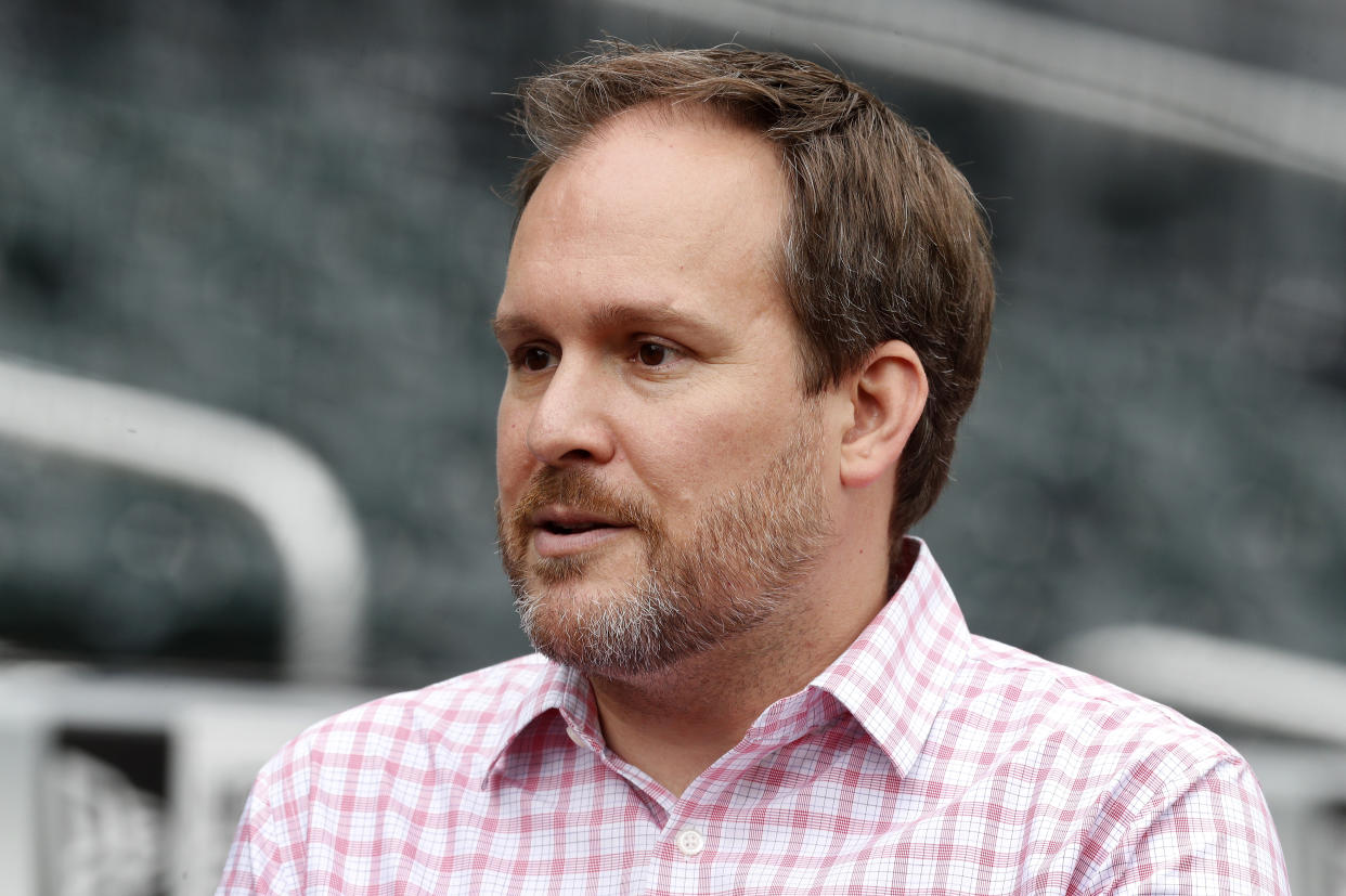 NEW YORK, NEW YORK - JUNE 11: (NEW YORK DAILIES OUT)  Acting general manager Zack Scott of the New York Mets looks on during batting practice prior to a game against the San Diego Padres at Citi Field on June 11, 2021 in New York City. The Mets defeated the Padres 3-2. (Photo by Jim McIsaac/Getty Images)