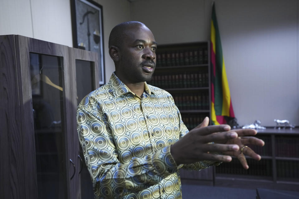 Zimbabwe's main opposition leader Nelson Chamisa speaks during an interview with the Associated Press at his offices in Harare, Monday, Aug 31, 2023.Chamisa accused President Emmerson Mnangagwa of "violating the law" and "tearing apart" independent institutions to cling on to power.(AP Photo/Tsvangirayi Mukwazhi)