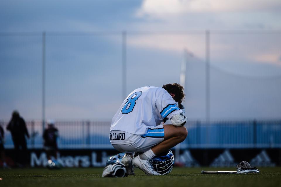 Sky View’s Easton Ballard (8) reacts after losing during the 4A boys lacrosse championships at Zions Bank Stadium in Herriman on May 26, 2023. | Ryan Sun, Deseret News