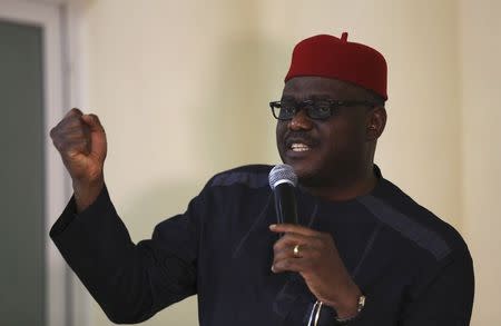 Nigeria's Health Minister Onyebuchi Chukwu gestures during a media briefing on updates regarding the ongoing national Ebola disease outbreak, at the second general meeting with state commissioners of health, in Abuja September 1, 2014. REUTERS/Afolabi Sotunde