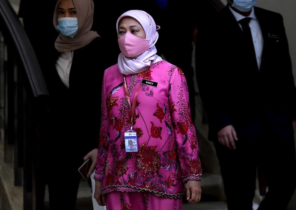 Tourism, Arts and Culture Minister Datuk Seri Nancy Shukri is seen at the Parliament building in Kuala Lumpur August 6, 2020. — Bernama pic