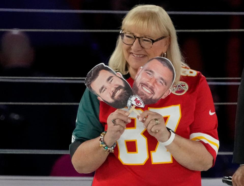 Donna Kelce answers questions about her sons Philadelphia Eagles center Jason Kelce (62), left, and Kansas City Chiefs tight end Travis Kelce (87) during Super Bowl Opening Night on Feb. 6, 2023, at the Footprint Center in downtown Phoenix.