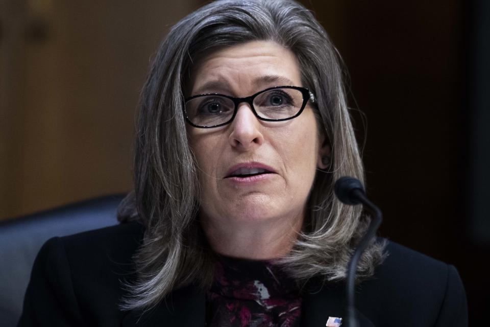 Sen. Joni Ernst, R-Iowa, asks a question during a Senate Judiciary Committee hearing on police use of force and community relations on on Capitol Hill, Tuesday, June 16, 2020 in Washington. (Tom Williams/CQ Roll Call/Pool via AP)