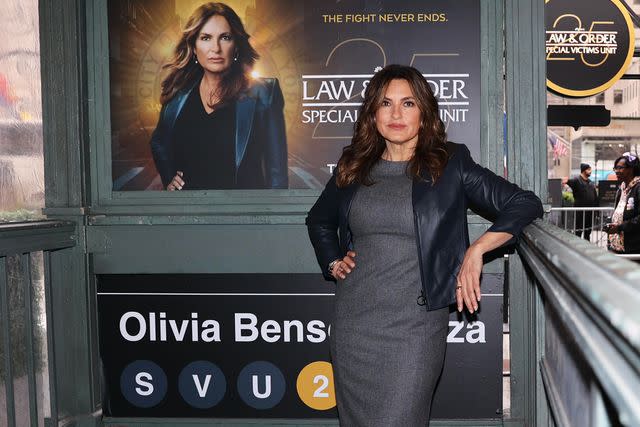 <p>Jose Perez/Bauer-Griffin/GC Images</p> Mariska Hargitay is seen at Olivia Benson Plaza at Rockefeller Center on March 15, 2024 in New York City.
