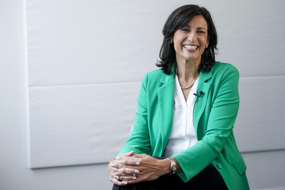 Dr. Rochelle Walensky, director of the Centers for Disease Control and Prevention, smiles during an interview with The Associated Press, Tuesday, June 20, 2023, in New York. (AP Photo/Mary Altaffer)