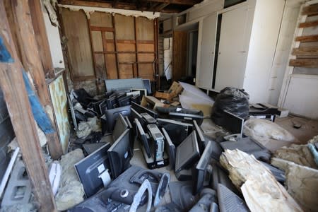 A house is left destroyed by an earthquake, triggered by a previous day quake, near the epicenter in Trona, California