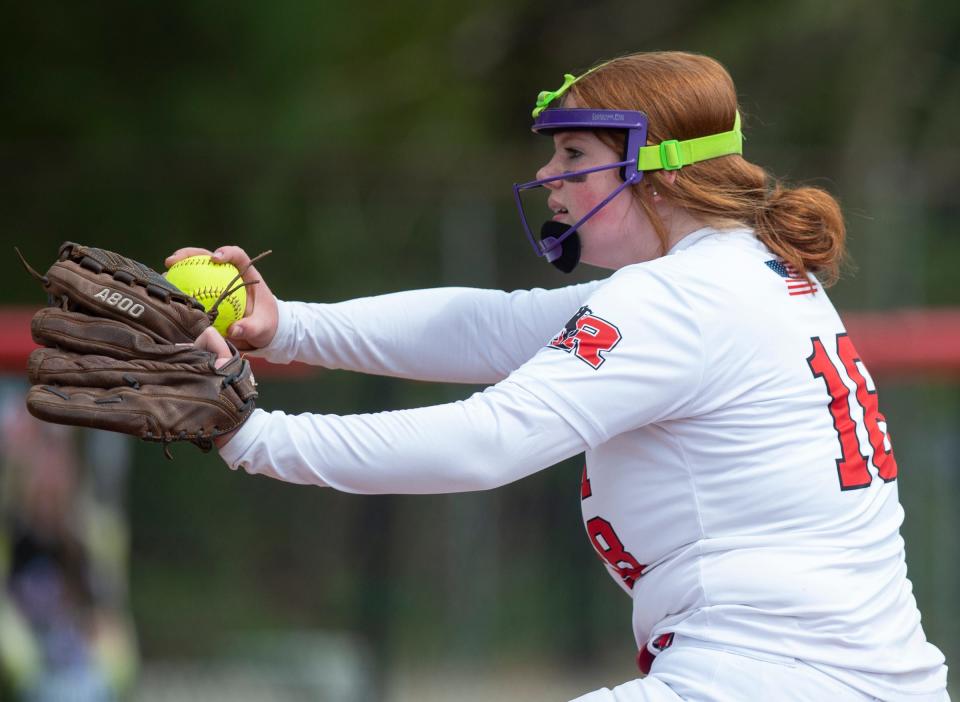 Ashley Legg, shown pitching against Rootstown in 2021, will be asked to lead Roosevelt's staff in 2023.