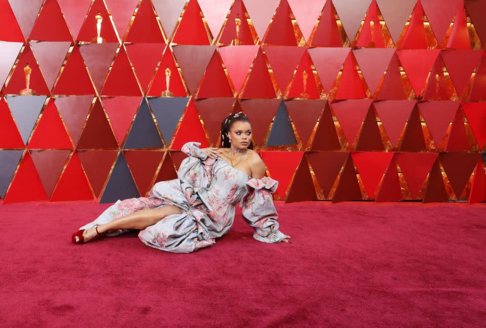 The singer proceeded to work her angles from the floor of the Oscar arrivals. Source: Getty