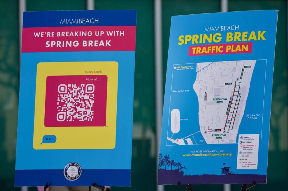 A map of Miami Beach’s spring break traffic plan is displayed as Mayor Steven Meiner speaks during a press conference in front of the Miami Beach Police Department in South Beach on Feb. 15, 2024.