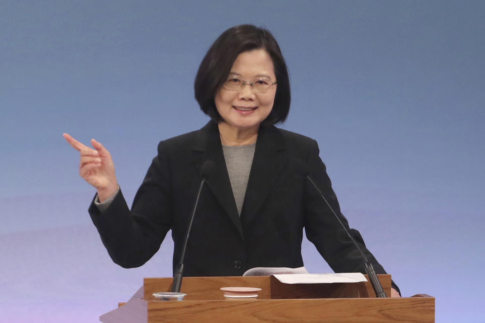Taiwan's 2020 presidential election candidate Tsai Ing-wen of the Democratic Progressive Party (DPP) speaks during a televised policy debate in Taipei, Taiwan, Sunday, Dec. 29, 2019. Taiwan will hold its general elections on Jan. 11, 2020. (Pool Photo via AP)