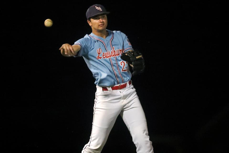 Lewisburg's Brady Tygart throws the ball to first base against Bartlett during their game at Lewisburg High School on Monday, April 26, 2021. 