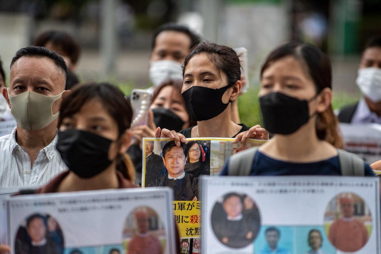 Activists including Myanmar citizens protest in Tokyo on July 26, 2022, against Myanmar's recent execution of four prisoners <a href="https://media.gettyimages.com/photos/activists-including-myanmar-nationals-take-part-in-a-rally-to-protest-picture-id1242118205?s=2048x2048" rel="nofollow noopener" target="_blank" data-ylk="slk:Philip Fong/AFP via Getty Images;elm:context_link;itc:0;sec:content-canvas" class="link ">Philip Fong/AFP via Getty Images </a>