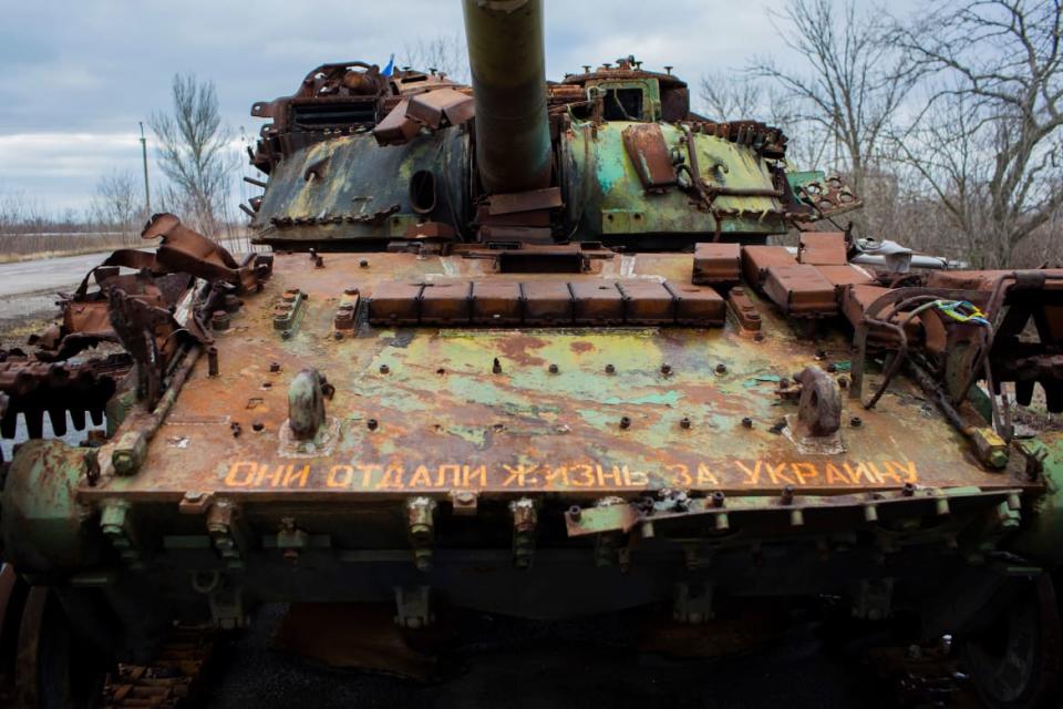 <div class="inline-image__caption"><p>A broken tank stands on the outskirts of Pervomais’ke as a memorial to Ukrainian soldiers who lost their lives here. The text on the tank says: “They gave their life for Ukraine.”</p></div> <div class="inline-image__credit">Emil Filtenborg</div>