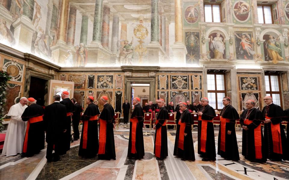 Cardinals queue to greet Pope Francis in the Clementine Hall at the Vatican - AP