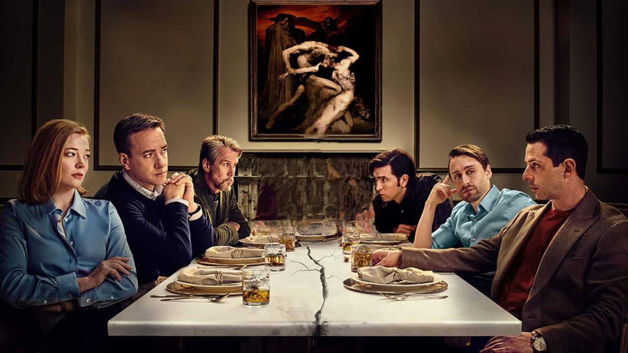  (L to R) Sarah Snook as Shiv, Matthew Macfadyen as Tom, Alan Ruck as Connor, Nicholas Braun as Greg, Kieran Culkin as Roman and Jeremy Strong as Kendall in art for Succession 