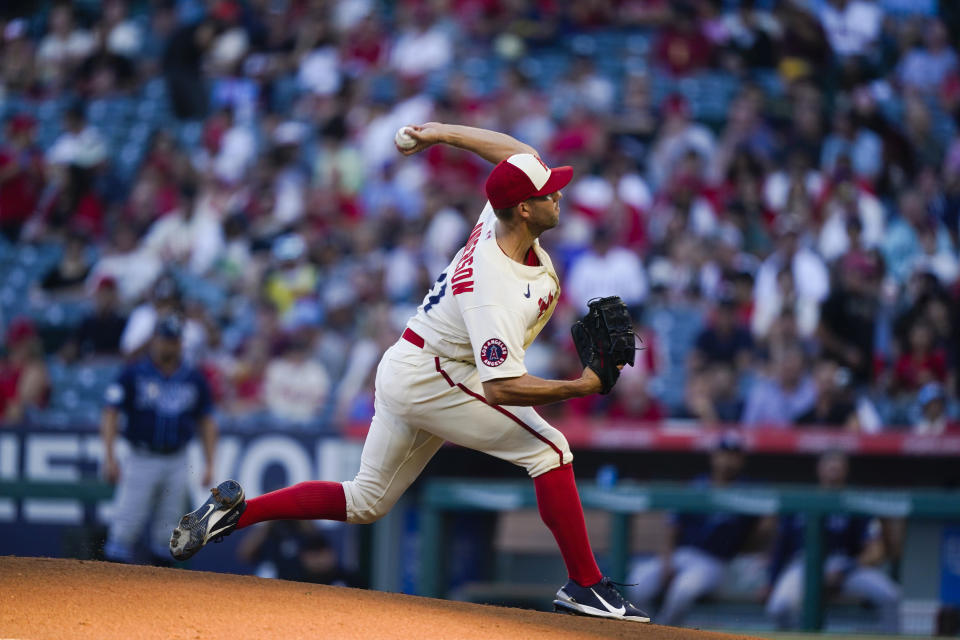 Los Angeles Angels starting pitcher Tyler Anderson throws during the first inning of the team's baseball game against the Tampa Bay Rays, Friday, Aug. 18, 2023, in Anaheim, Calif. (AP Photo/Ryan Sun)