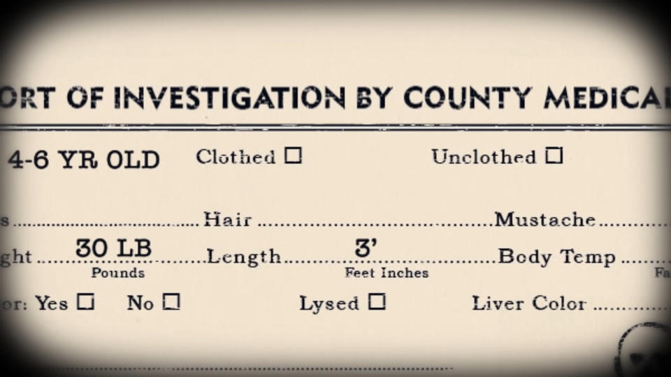 Close-up of a county medical investigation report for a 4-6 year old. It includes details about weight (30 lbs), height (3'), and other physical characteristics