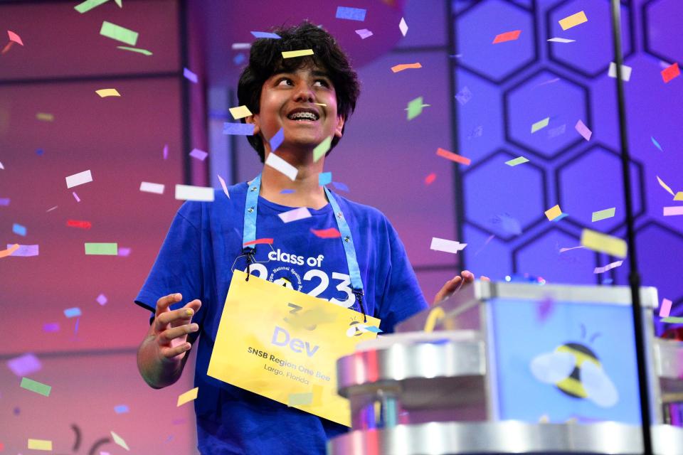 Dev Shah, 14, from Largo, Fla., reacts as he wins the 2023 Scripps National Spelling Bee.