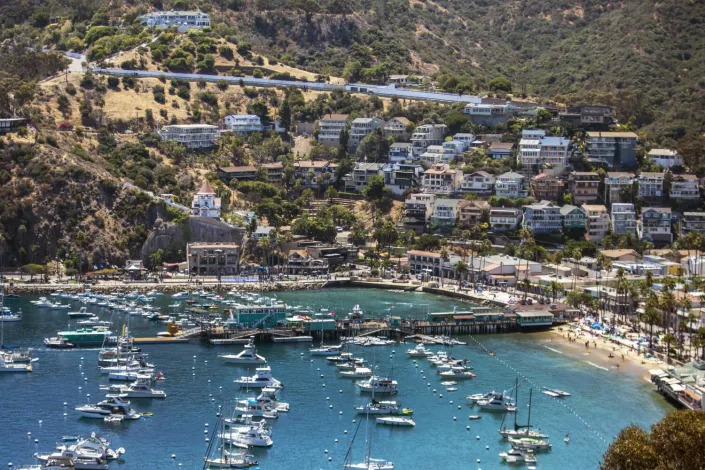 An aerial view of the harbor and hillside of Avalon, Catalina Island