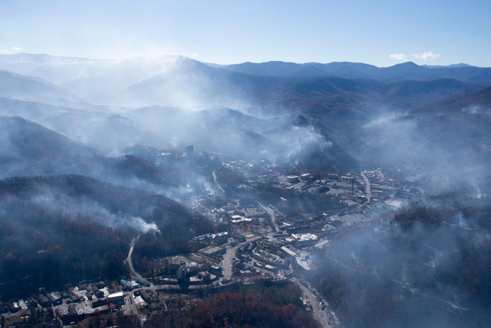 An aerial view shows Gatlinburg, Tenn., the day after a wildfire hit the city, Nov. 29, 2016.