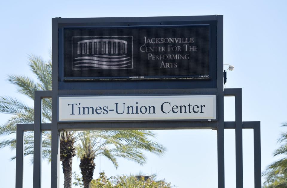 While a permanent sign retains the Times-Union name, a digital sign shows a new name for Jacksonville's performing arts center, which has been known as the Times-Union center since its opening in 1997.