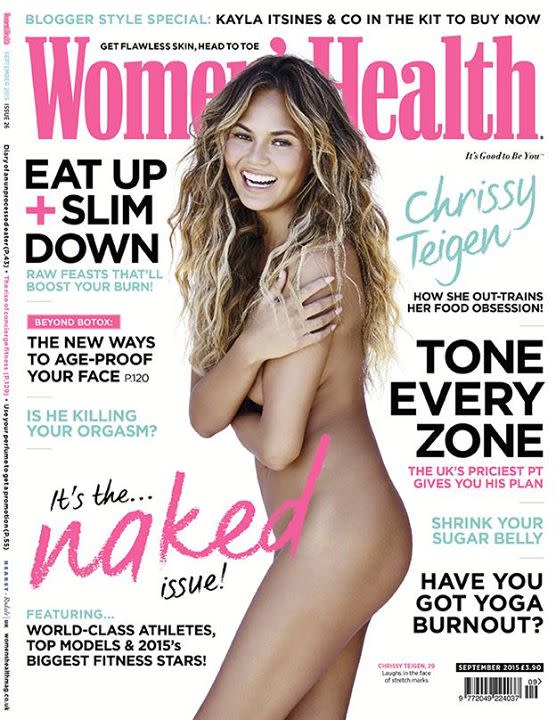 Chrissy Teigen zierte ebenfalls das Cover einer Septemberausgabe – allerdings von “Woman’s Health”. Ihr bezauberndes Lächeln überstrahlt jedoch alles, sodass einem fast entgeht, dass sie splitterfasernackt auf dem Magazin zu sehen ist. (Bild-Copyright: Facebook/womenshealthuk)