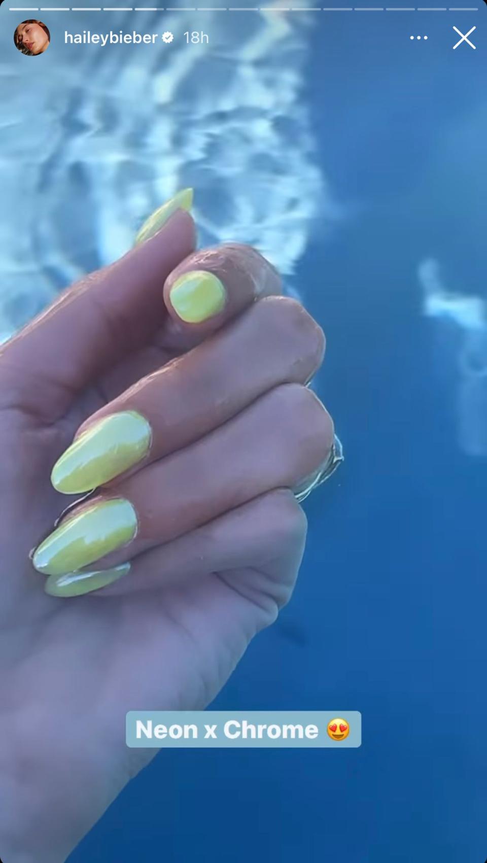 Hailey Bieber Neon Chrome Nails